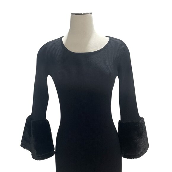 Nina Leonard Bodycon Dress M Faux Fur Bell Sleeve Elegant Stretch Cocktail Party - Picture 5 of 8
